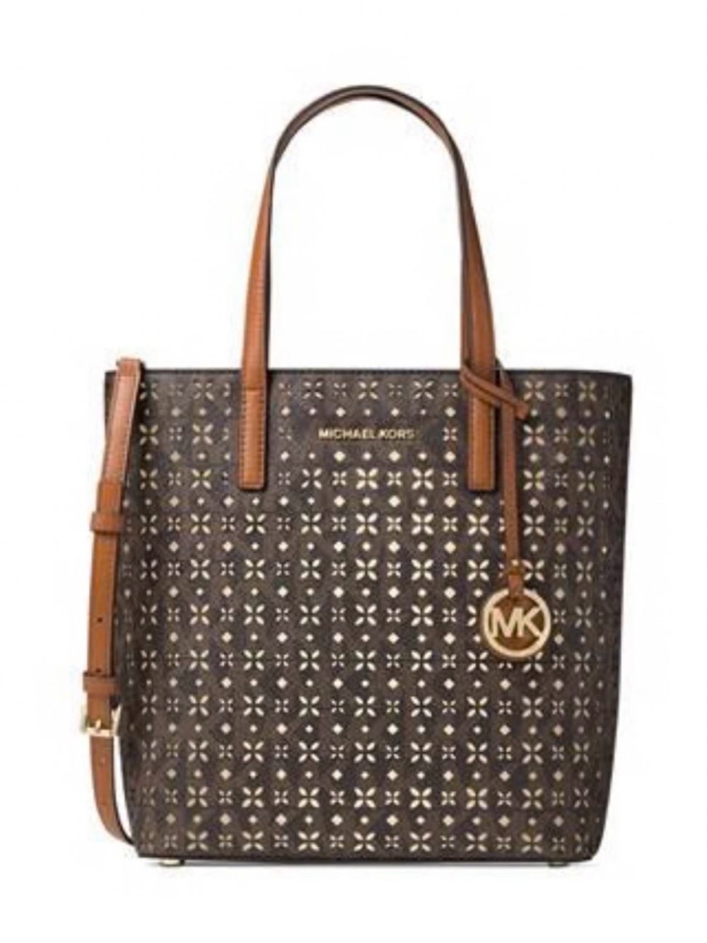 Michael Kors Black and Tan with Cut-Out gold accents tote with storage bag